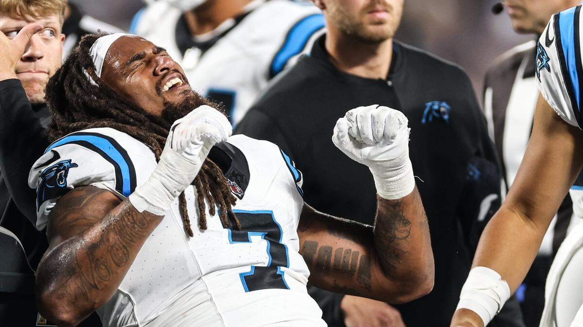 Carolina Panthers linebacker Shaq Thompson is carted off the field at the Bank of America Stadium in Charlotte, N.C., on Monday, September 18, 2023.