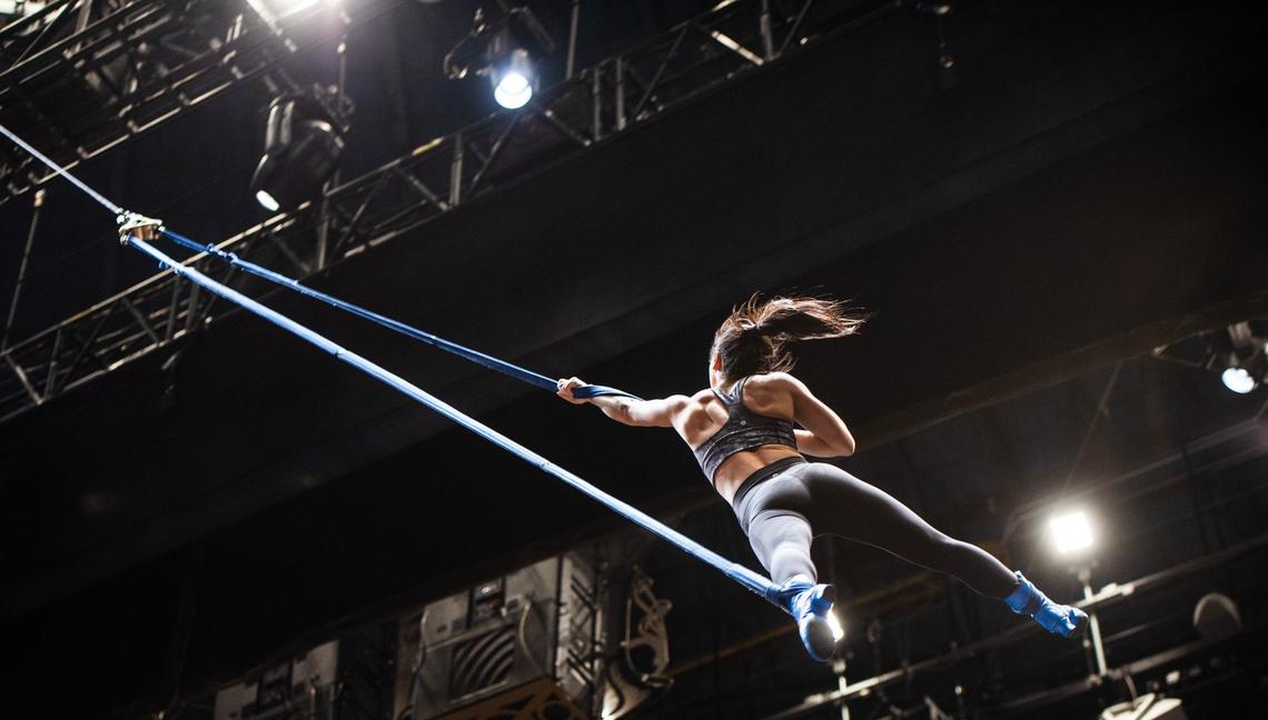 Hitomi Nishikii Kinokuniya rehearses her routines during the Cirque Du Soleil’s CORTEO rehearsal at the Bojangles Coliseum.
