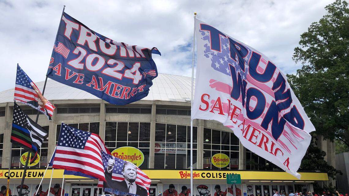 Supporters of former President Donald Trump gather outside Bojangles Colisuem in Charlotte, NC in preparation for the former president’s rally on Wednesday, July 24, 2024.