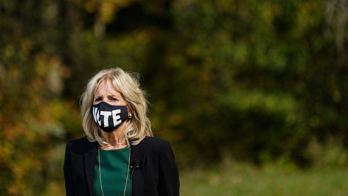 On the final weekend of the 2020 campaign season, Jill Biden speaks to a crowd of democratic supporters at PNC Music Pavilion Saturday, October 31, 2020, in Charlotte, N.C.