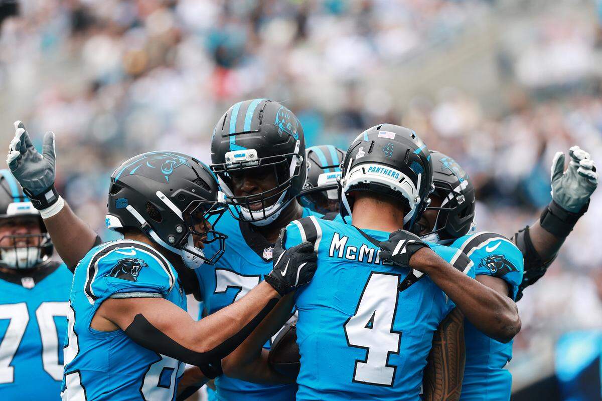 Carolina Panthers wide receiver Tetairoa McMillan of the Carolina Panthers celebrates with teammates after a touchdown during the fourth quarter against the Dallas Cowboys in the game at Bank of America Stadium on Oct. 12, 2025 in Charlotte, North Carolina. (Photo by Grant Halverson/Getty Images)