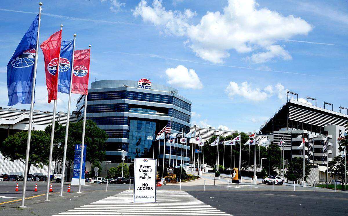 A sign alerts passerby that the Coca-Cola 600 is closed to the public at Charlotte Motor Speedway on Sunday, May 24, 2020. Only essential persons along with race teams were allowed inside the track for the 60th running of the Coca-Cola 600 due to the COVID-19 pandemic.