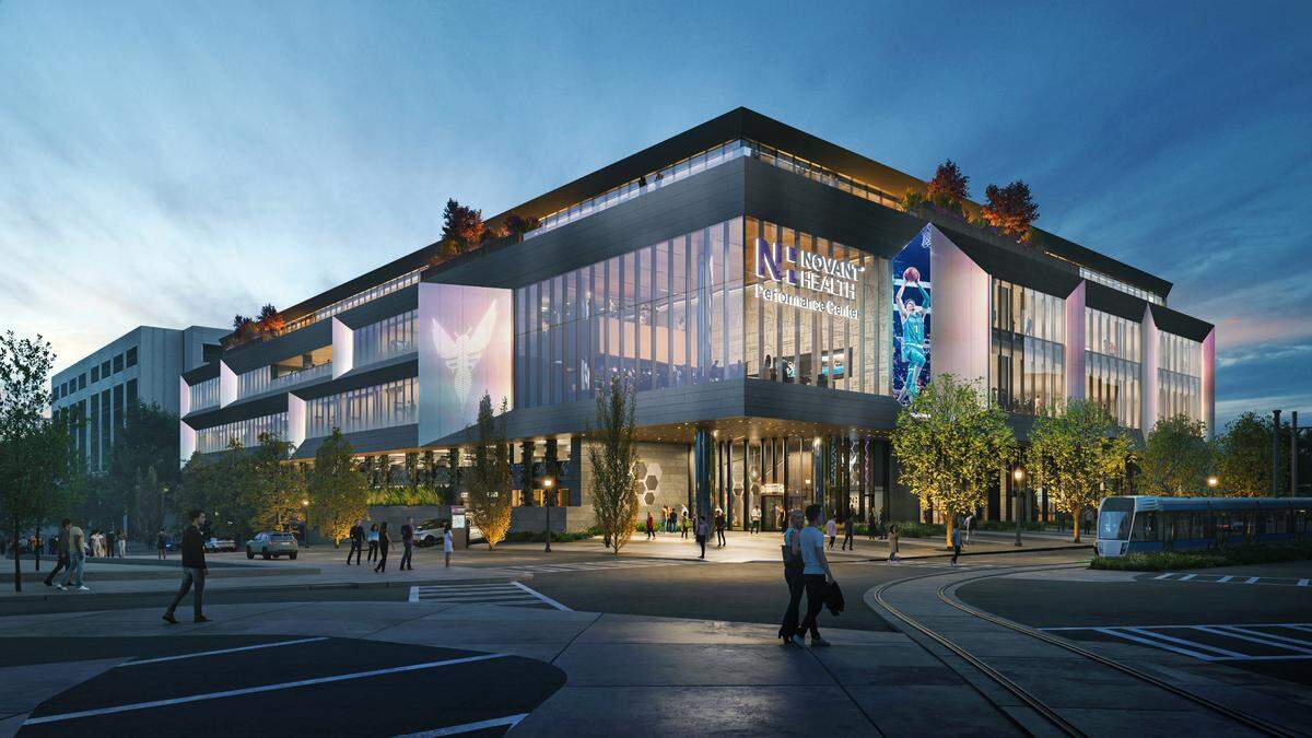 A rendering of the exterior of the Novant Health Performance Center.