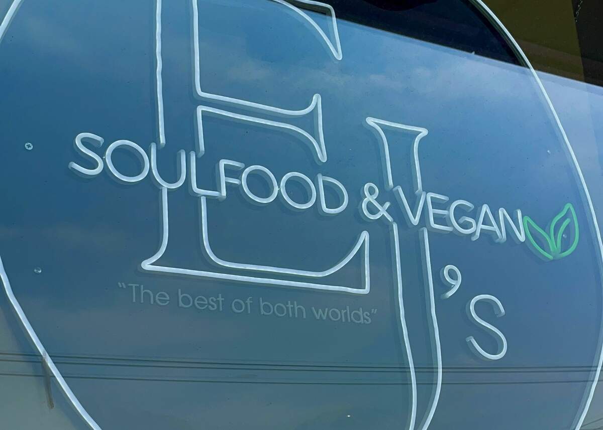 EJ’s Soul Food and Vegan sign on the side of the restaurant. ”The best of both worlds.” Courtesy of Denise, CharlotteFive