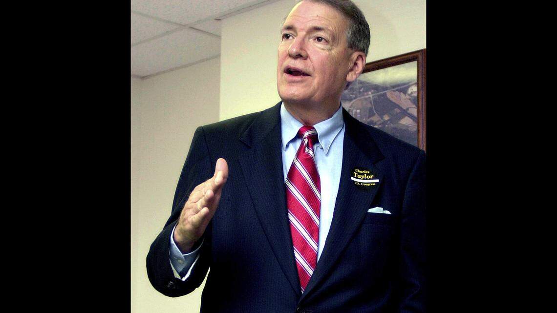 In this Monday, Nov. 1, 2004 file photo, seven time U.S. Rep. Charles Taylor R-N.C. speaks during a campaign stop at the Asheville Airport, near Fletcher, N.C. A Russian bank owned by former U.S. congressman Charles Taylor has been stripped of its license for allegedly breaking anti-money laundering rules. (AP Photo/Alan Marler, File)