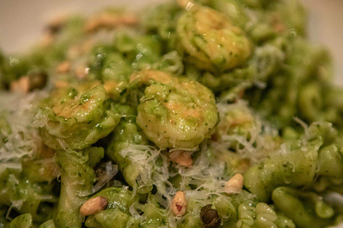 Shrimp Pesto at North Italia: Gigli pasta, toasted pine nuts, garlic, basil, crispy caper.