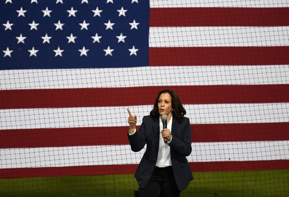 Democratic vice presidential candidate Sen. Kamala Harris addressee the crowd at Truist Field during a campaign stop in Charlotte, NC on Wednesday, October 21, 2020
