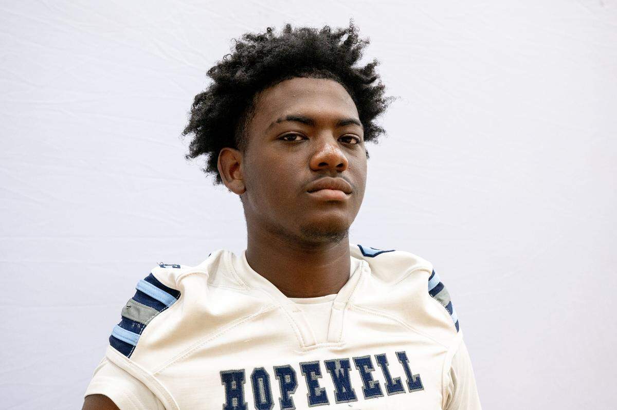 Hopewell player Malachi Goudelock speaks about the upcoming season during the Greater Charlotte high school football conference's media day at Rocky River High School in Charlotte, NC, Tuesday July 29, 2025.