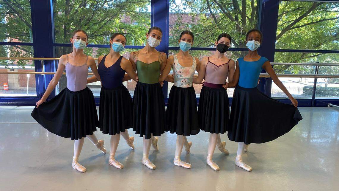 The six dancers playing Clara in the 2021 Charlotte Ballet production of “Nutcracker” are Frances Liles (from left), Mary Owen, Meila Mertz, Julia Ellington, Violet Dubreuil and Alana Yosief.