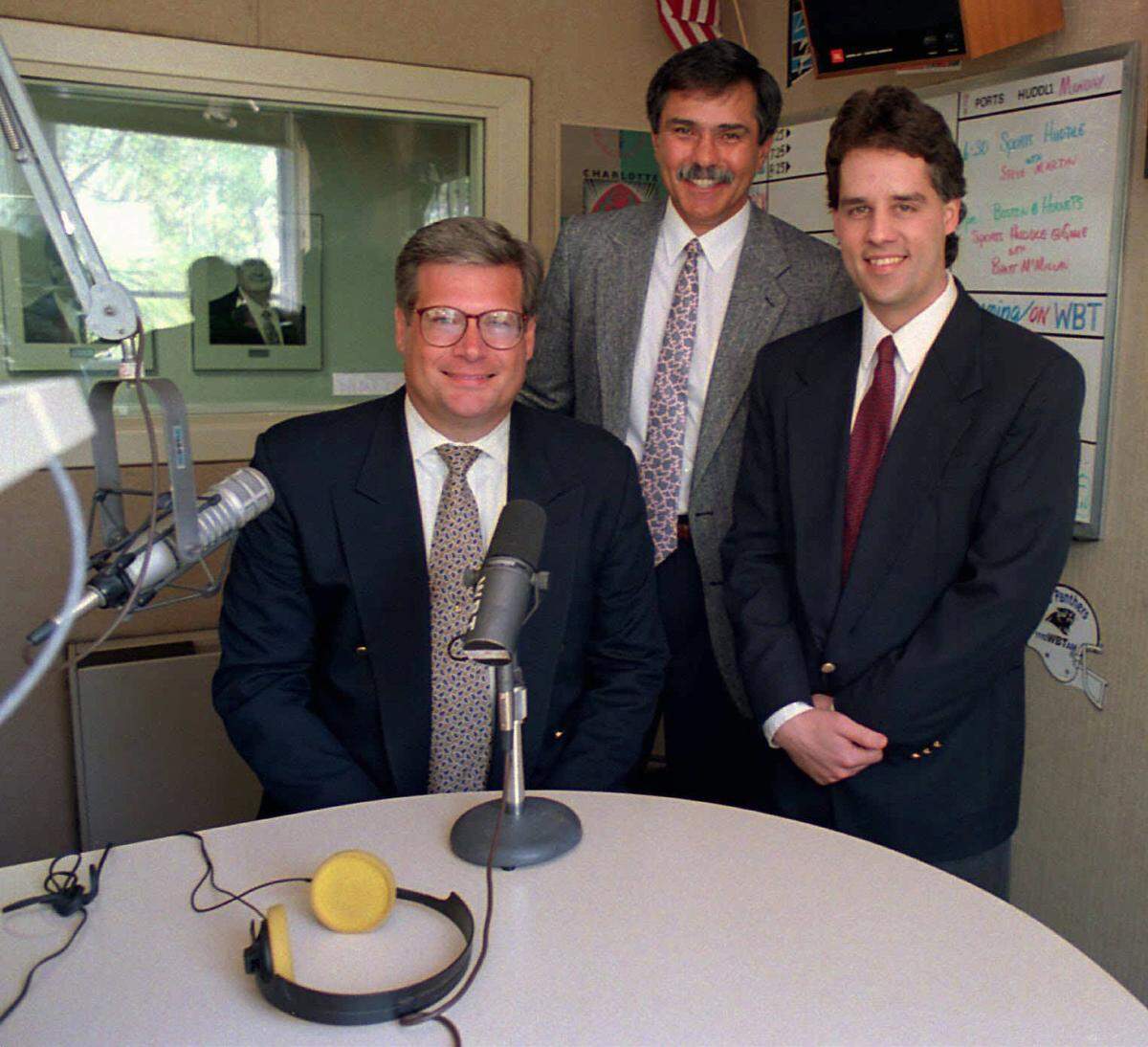 The Panthers’ original radio crew, pictured here in 1995, was (L to R) Bill Rosinski, former NFL quarterback Roman Gabriel and Jim Szoke. 