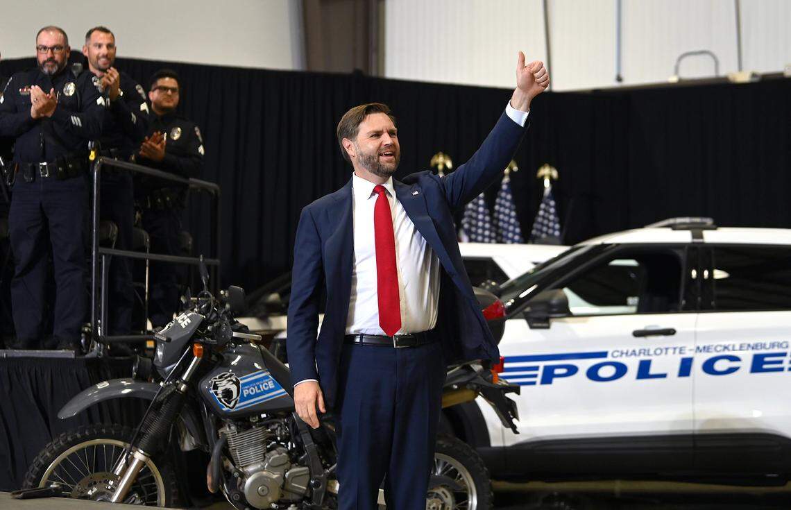 Vice President JD Vance gives the thumbs up to supporters as he arrives to give a speech in Concord.