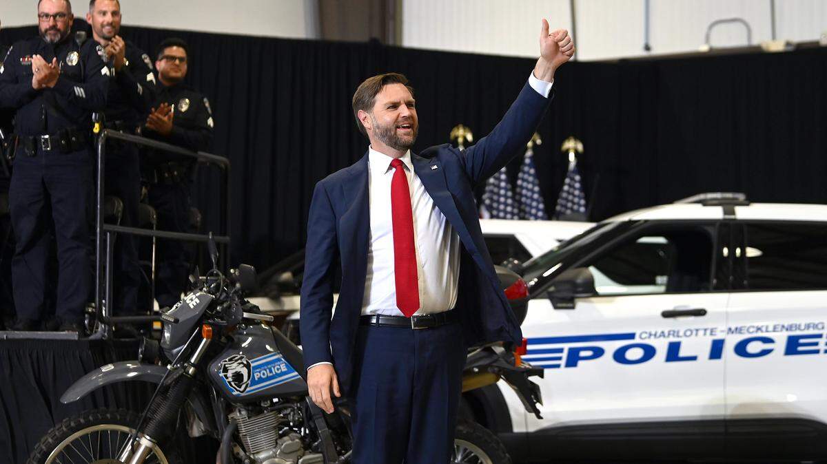 Vice President JD Vance gives the thumbs up to supporters as he arrives to give a speech about the death of Iryna Zarutska, Charlie Kirk and the administration’s tax cuts for working families and commitment to empowering state and law enforcement during a speech at the DKAP Hanger at Concord Padgett Regional Airport in Concord, NC on Wednesday, September 24, 2025.