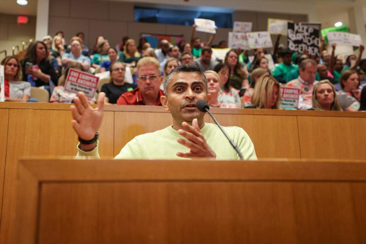 Shailesh Shukla addresses the CMS board during a meeting where 105 people signed up to speak. The last time that many people spoke at a school board hearing was 2017.