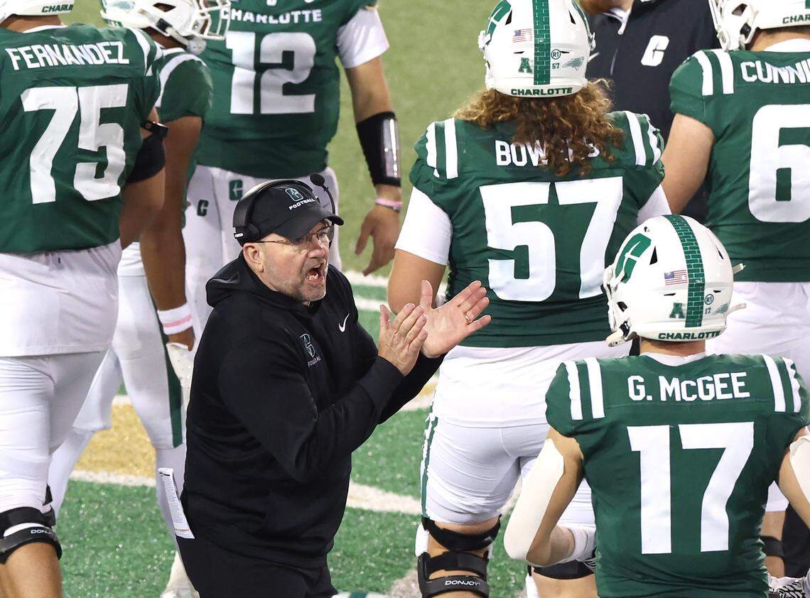 Charlotte 49ers head coach Tim Albin celebrates his team's play during action against North Texas on Friday, October 24, 2025 at Jerry Richardson Stadium.