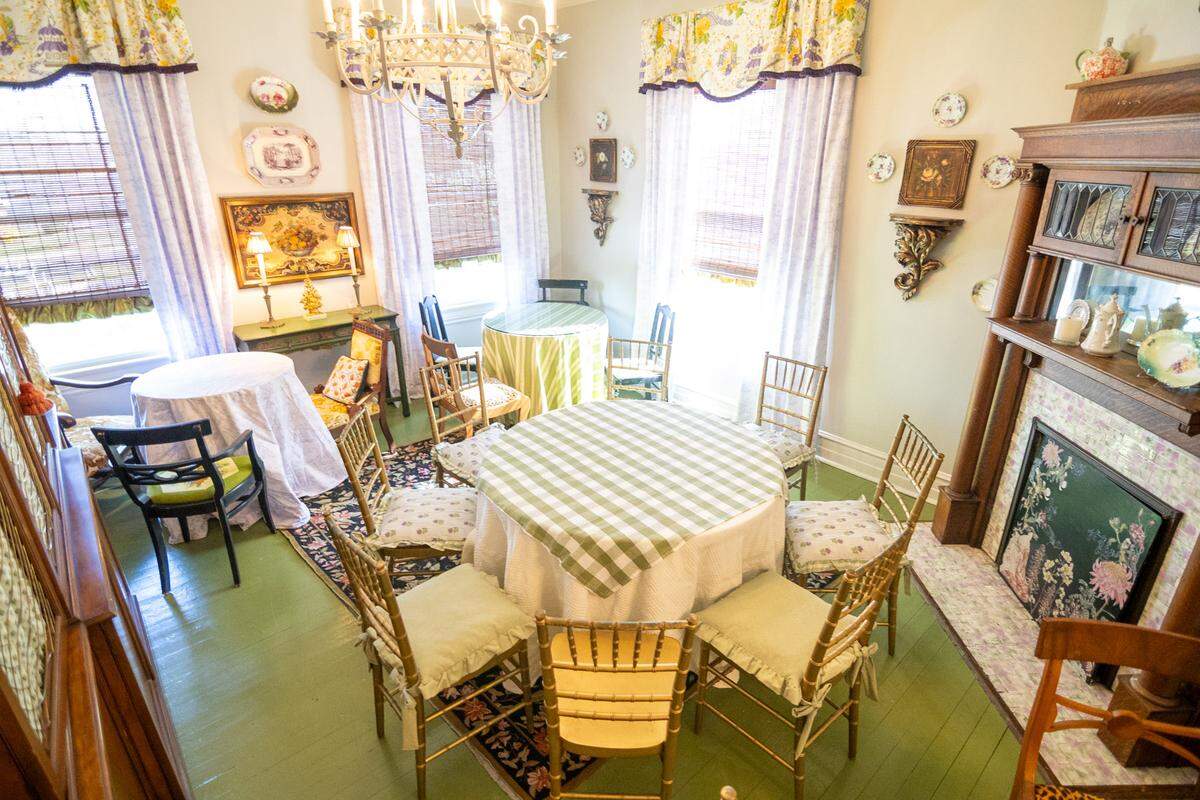 One of the private rooms upstairs at A Cause for Tea is the Plum Thistle room.