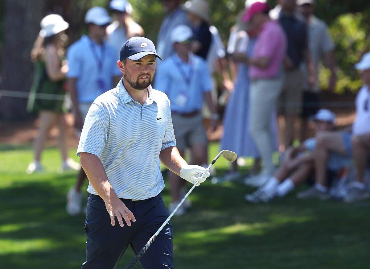 Alex Fitzpatrick studies his line to the cup as he walks to the second green during the final round of the Truist Championship at Quail Hollow Club in Charlotte, NC on Sunday, May 10, 2026.