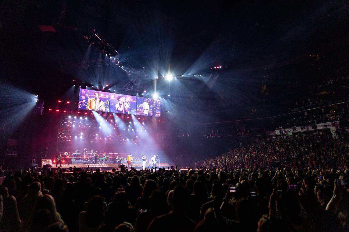 The Jonas Brothers perform in the “Five Albums. One Night. The World Tour” at the Spectrum Center in Charlotte, North Carolina on September 30, 2023.