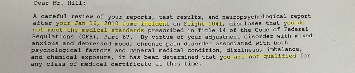 An FAA request by David Hill for a return of medical certificate made following the fumes event in 2010.