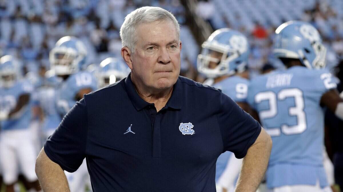 North Carolina head coach Mack Brown looks on before an NCAA college football game against Miami in Chapel Hill, N.C., Saturday, Sept. 7, 2019. The last time North Carolina went this long between games during a football season was 1952, when a polio outbreak on campus forced the Tar Heels to cancel two games. (AP Photo/Chris Seward, File)