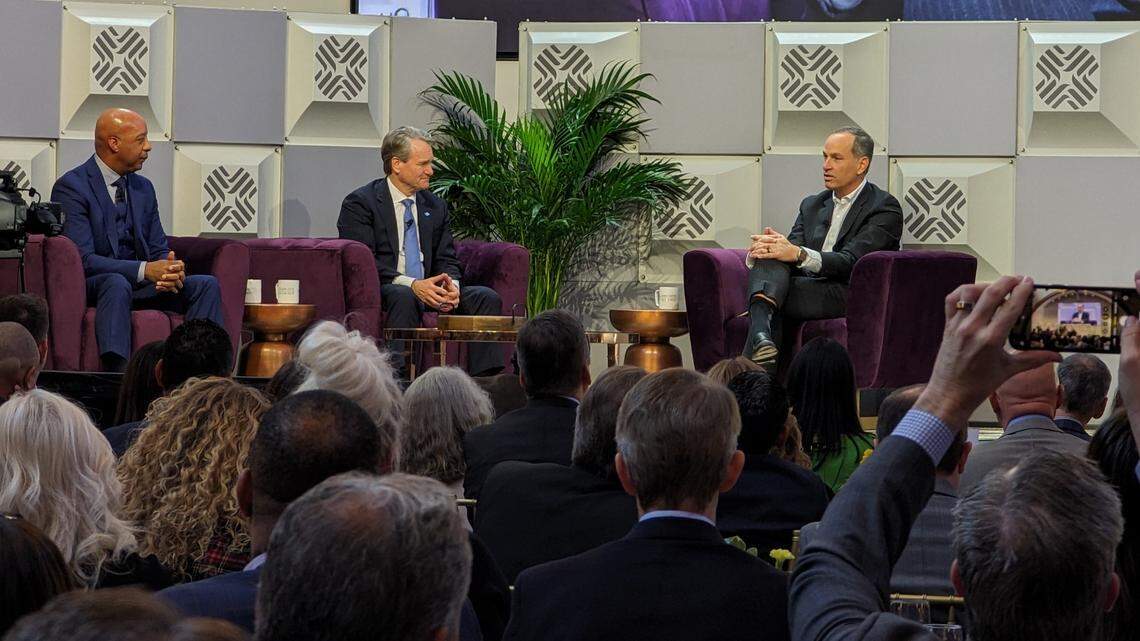 From left, Lowe’s CEO Marvin Ellison, Bank of America CEO Brian Moynihan and Red Ventures CEO Ric Elias share economic predictions during Tuesday’s Charlotte Regional Business Alliance 2023 Annual Outlook.