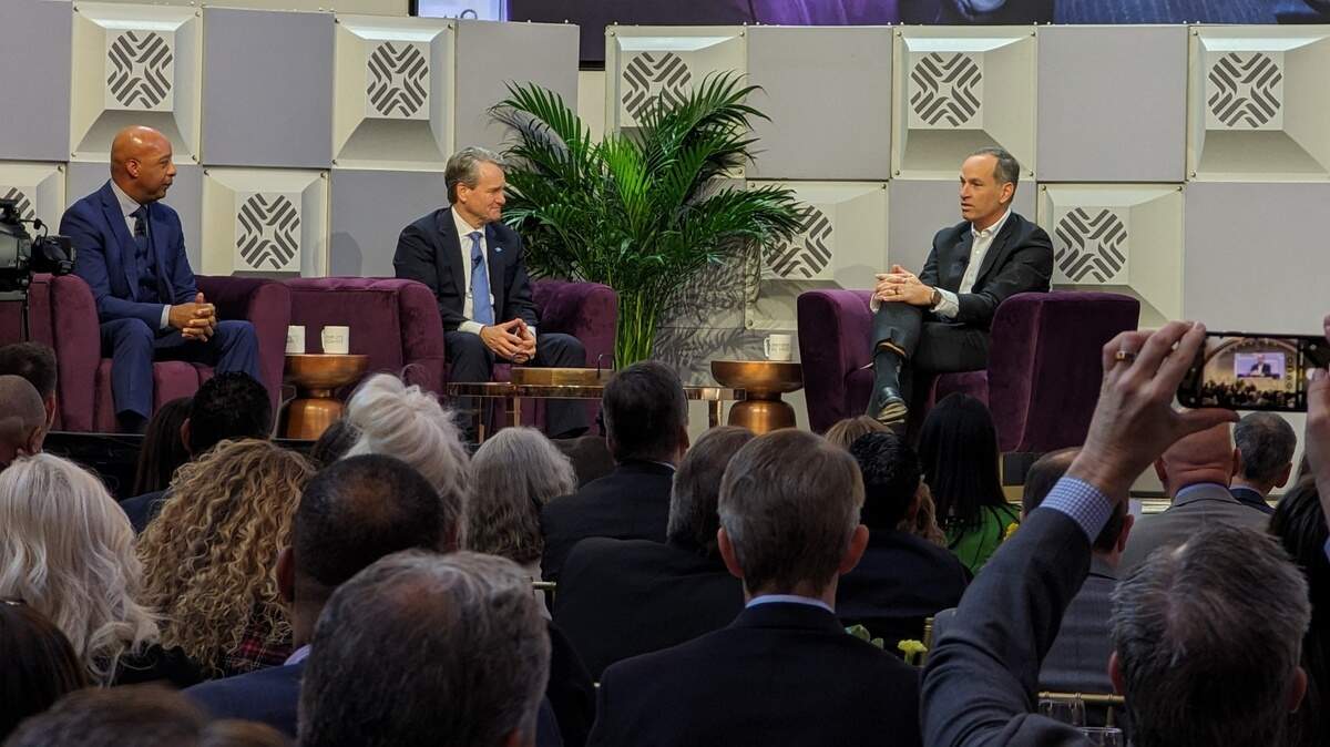 From left, Lowe’s CEO Marvin Ellison, Bank of America CEO Brian Moynihan and Red Ventures CEO Ric Elias share economic predictions during Tuesday’s Charlotte Regional Business Alliance 2023 Annual Outlook.