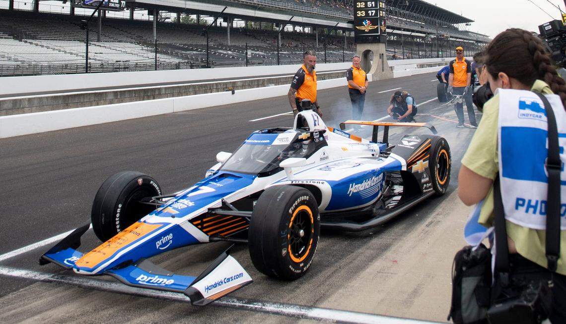 Arrow McLaren driver Kyle Larson (17) pulls out of his pit after his car was repaired following a wreck Friday, May 16, 2025, during Fast Friday ahead of the 109th running of the Indianapolis 500 at Indianapolis Motor Speedway.