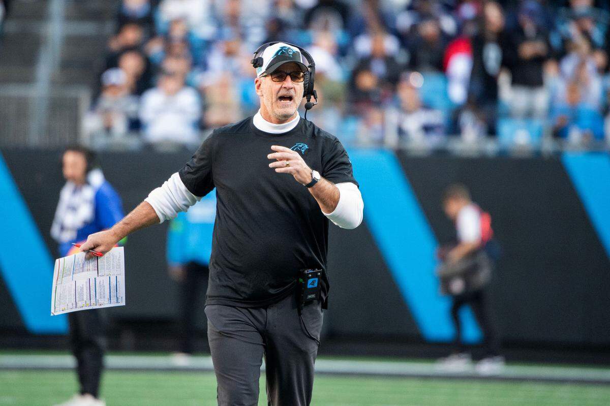 Nov 19, 2023; Charlotte, North Carolina, USA; Carolina Panthers head coach Frank Reich reacts in the third quarter at Bank of America Stadium. Mandatory Credit: Bob Donnan-USA TODAY Sports