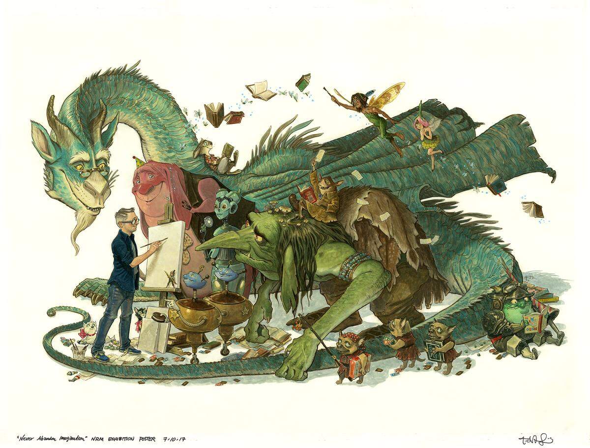 Tony DiTerlizzi created this illustration, which depicts him surrounded by some of his characters, for an exhibition at the Norman Rockwell Museum. That exhibition, titled “Never Abandon Imagination,” opens June 22 at the Mint Museum in Charlotte.