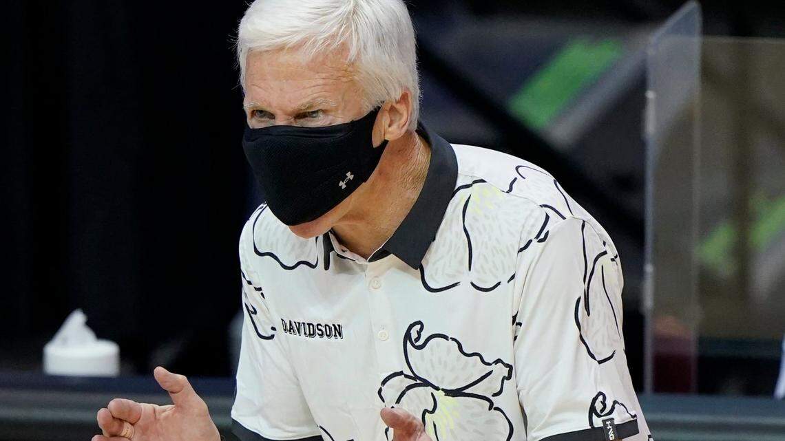 Davidson head coach Bob McKillop cheers his team on during the first half of an NCAA college basketball game in the Maui Invitational tournament, Monday, Nov. 30, 2020 in Asheville, N.C. (AP Photo/Kathy Kmonicek)