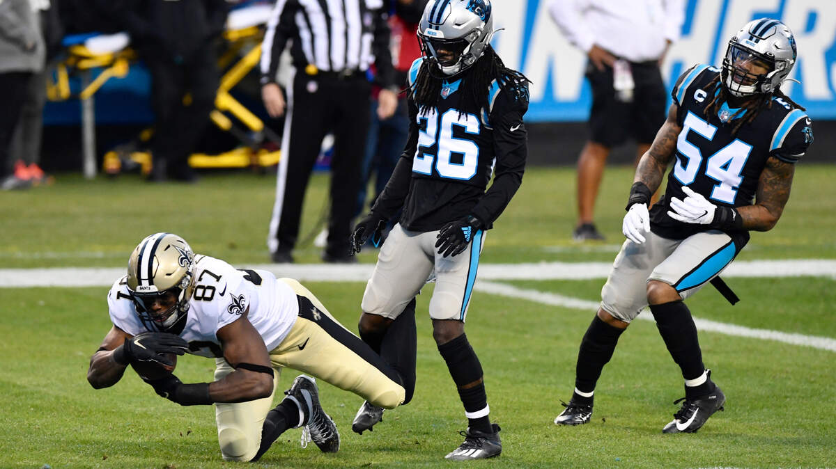 Saints Jared Cook scores a touchdown in the first quarter of the last regular NFL season game Sunday January 3, 2020 in Charlotte.