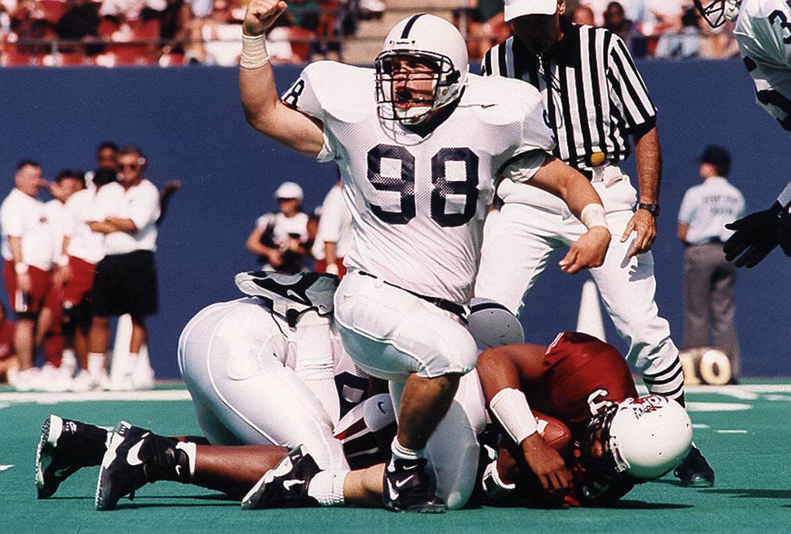 New Panthers coach Matt Rhule (98) played linebacker as a walk-on at Penn State in the late 1990s.