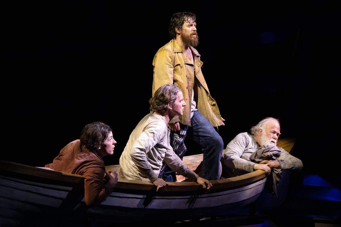Adrian Blake Enscoe (Little Brother), Stark Sands (Big Brother), John Gallagher Jr. (Mate) and Wayne Duvall (Captain) in Arena Stage’s East Coast premiere of “Swept Away” in 2023.