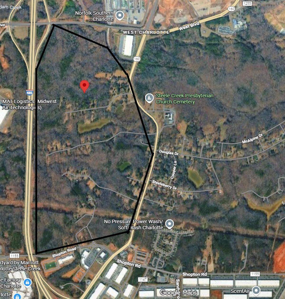 A Google image of the proposed rezoning put for by the city of Charlotte and Charlotte-Douglas International Airport. The city is proposing changing the circled area from residential use to industrial.