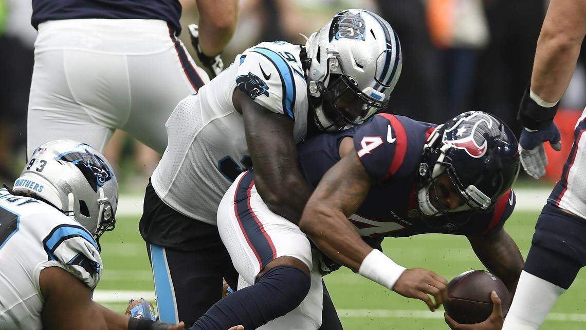 Carolina Panthers linebacker Mario Addison (97) is unlikely to return to the team in free agency.