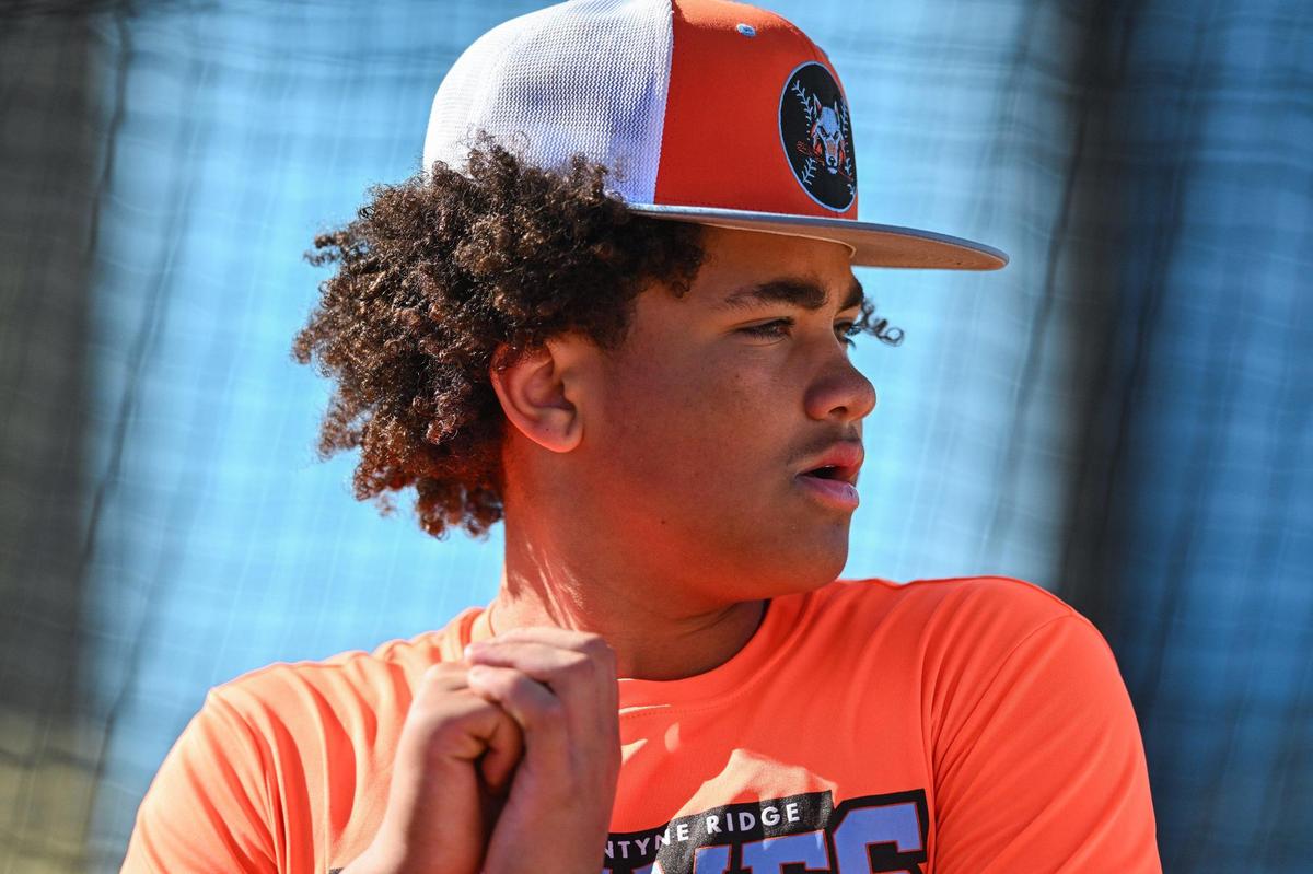 Ballantyne Ridge’s Jace Shulere looks on during a high school baseball practice, Thursday, March 20, 2025, in Charlotte, N.C. (Charlotte Observer/Matt Kelley)