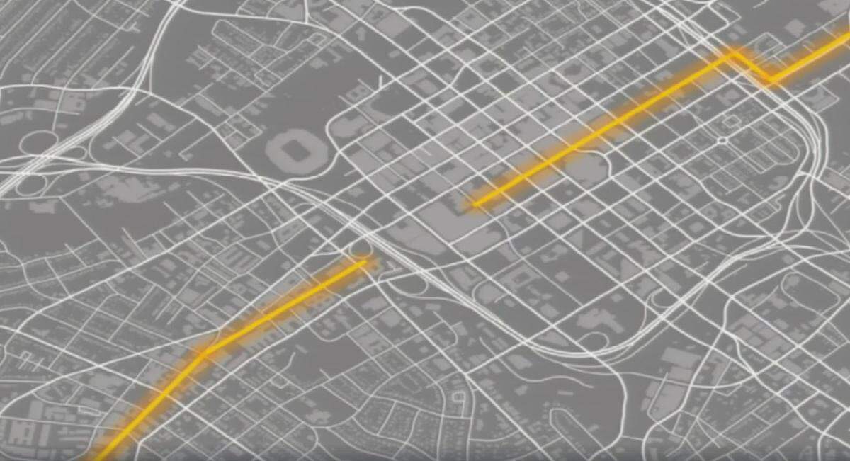 The Rail Trail in uptown, with a missing segment in the middle near Interstate 277.