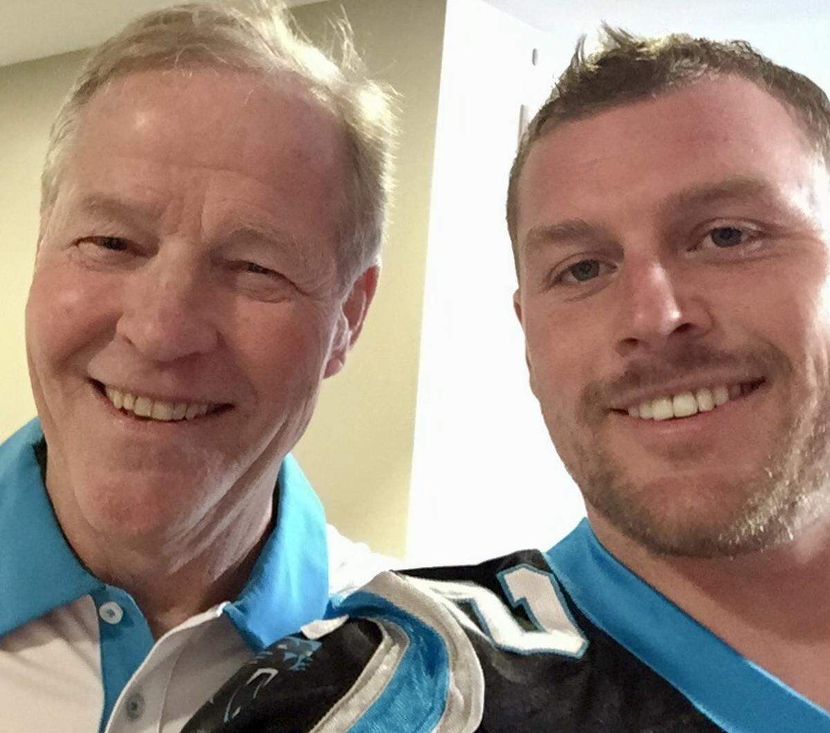 Bruce DeHaven (left) was the Carolina Panthers’ special team coordinator in 2015. He died of cancer in 2016. DeHaven is pictured alongside Colin Jones, one of his primary special-teams player during the Super Bowl year of 2015.