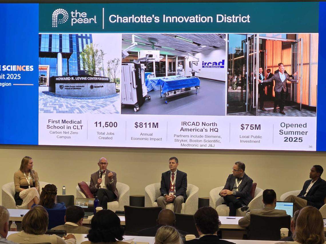 Leaders from Advocate Health, Wake Forest School of Medicine, Wexford Science+Technology, IRCAD North America and Siements discuss partnerships within The Pearl district. The panel was held during the 2025 NCBiotech Summit in Charlotte.