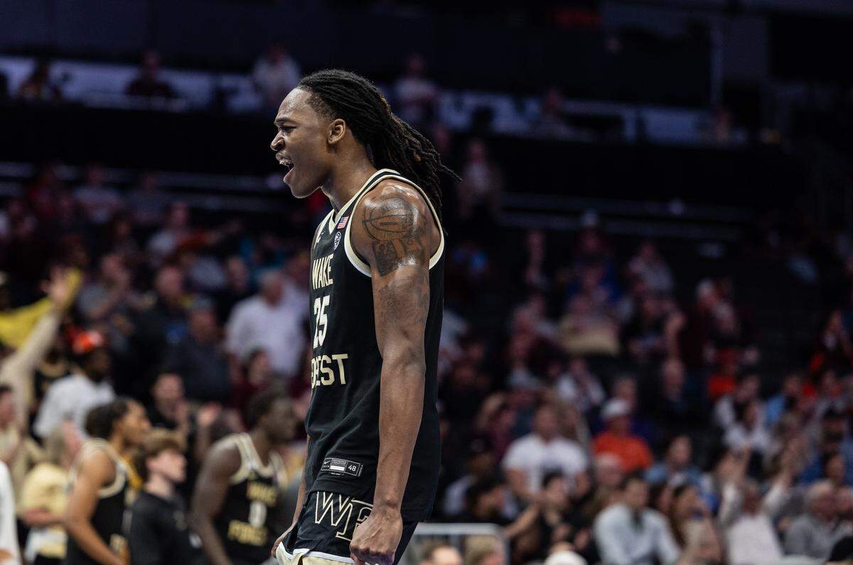 Wake Forest Demon Deacons forward Tre'von Spillers celebrates his win against the Virginia Tech Hokies during the ACC men's basketball tournament in Charlotte, N.C., on Tuesday, March 10, 2026.
