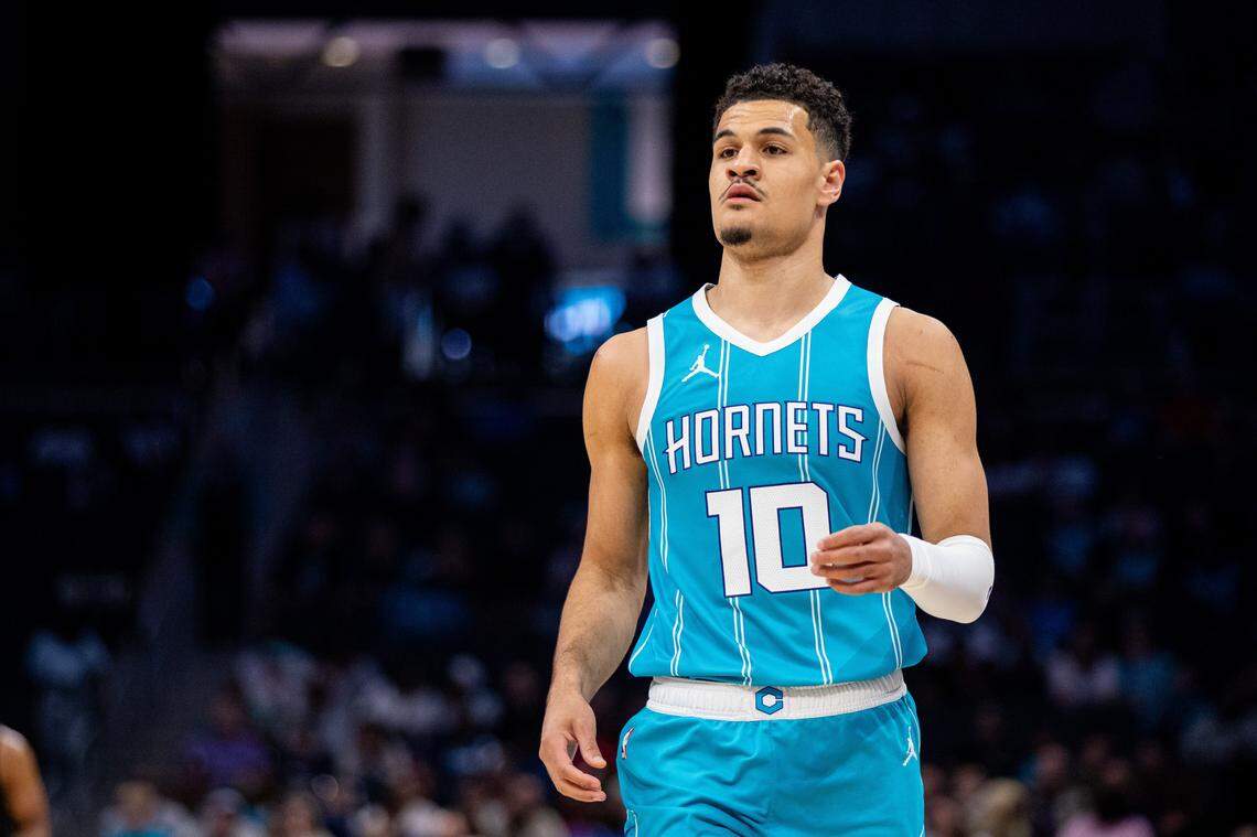 Charlotte Hornets guard Josh Green (10) waits for an inbound during a March game against the Brooklyn Nets at Spectrum Center. 