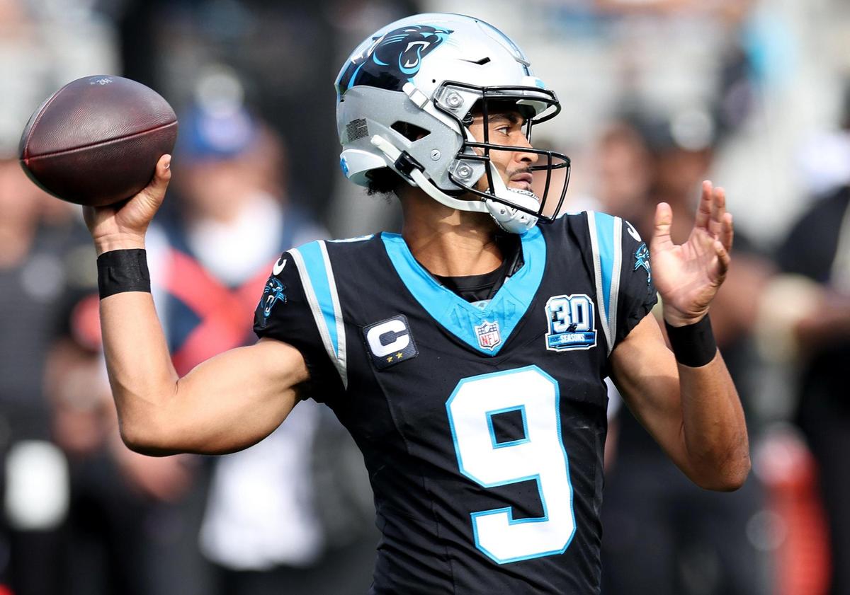 Carolina Panthers quarterback Bryce Young drops back to pass in 2024.