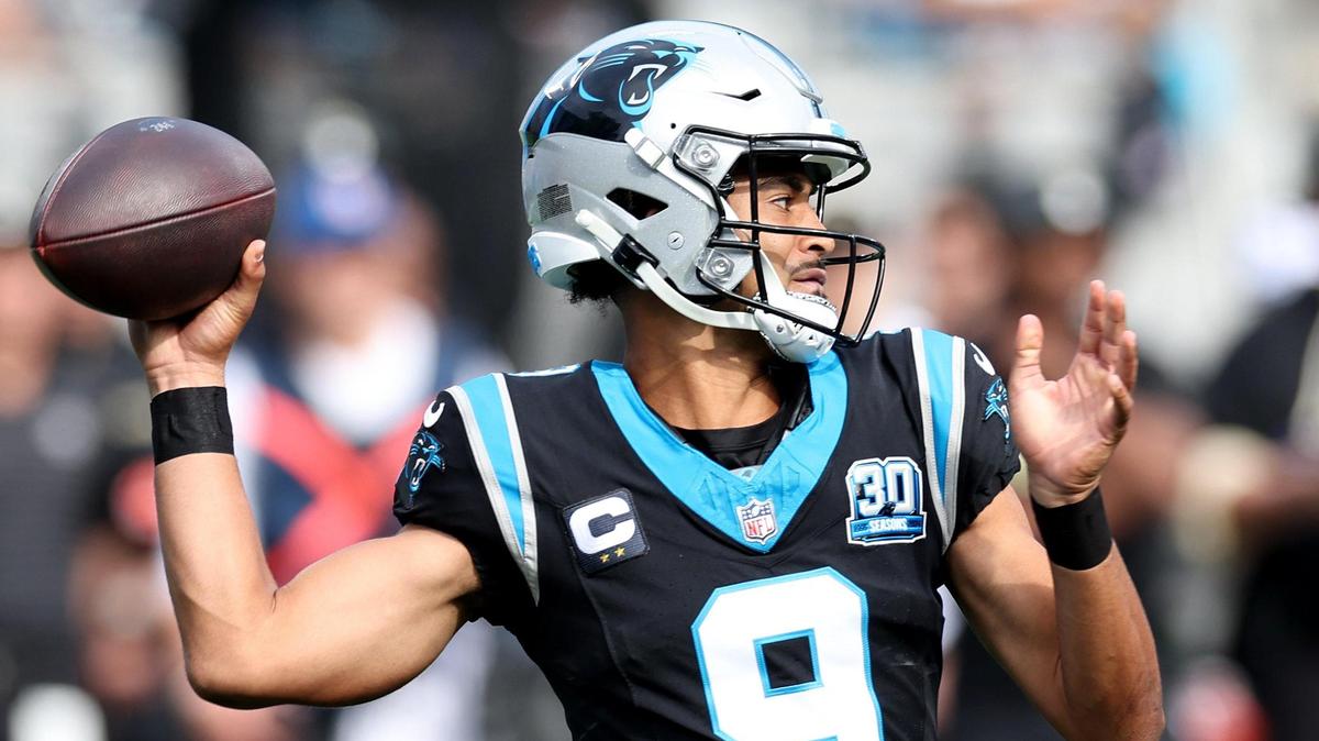 Carolina Panthers quarterback Bryce Young drops back to past a receiver during action against the New Orleans Saints at Bank of America Stadium in Charlotte, NC on Sunday, November 3, 2024. The Panthers defeated the Saints 23-22