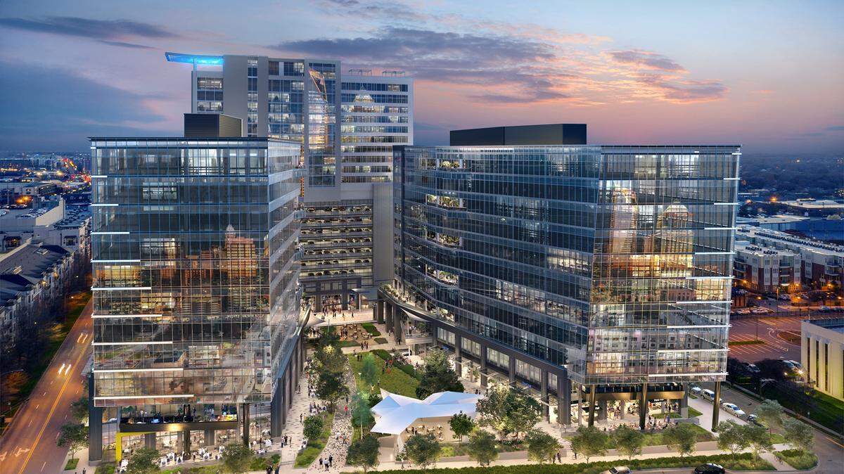 A rendering of the office towers underway from The Spectrum Companies in South End. Grant Thornton, which is moving from its offices uptown, is the latest tenant to be announced for the project.