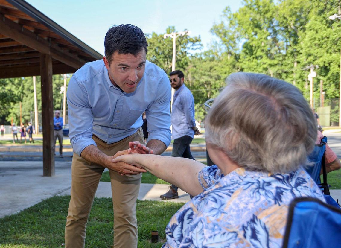 Jeff Jackson, running for U.S. Senate as a democrat, greets supporters before he holds a town hall at Rock Creek Park in Albemarle, N.C., Thursday, June 17, 2021.