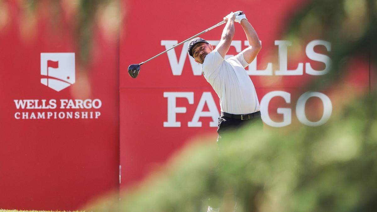 Xander Schauffele hits from the 16th tee during round three of the Wells Fargo Championship at Quail Hollow Club in Charlotte, N.C., on Saturday, May 11, 2024.
