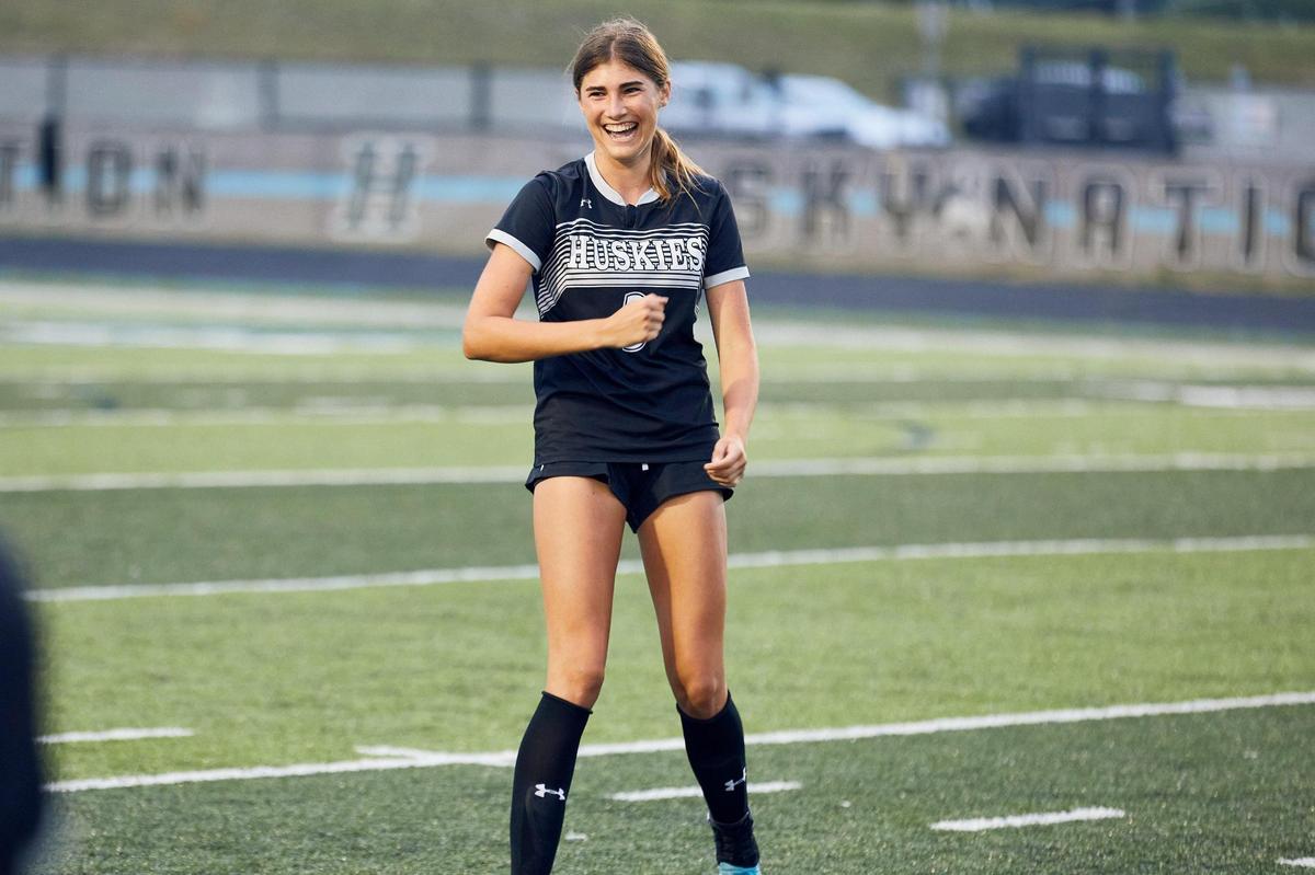Hough Girl’s Soccer sophomore forward Olivia Miller celebrates following the Huskies win over West Charlotte. The Hough Huskies won 10-0 after a mercy rule following halftime.