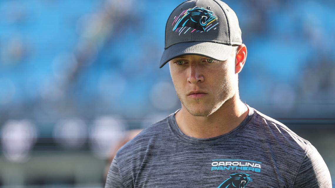 Injury Carolina Panthers Christian McCaffrey leaves the field after a loss to the Philadelphia Eagles at the Bank of America Stadium in Charlotte, N.C., on Sunday, October 10, 2021.