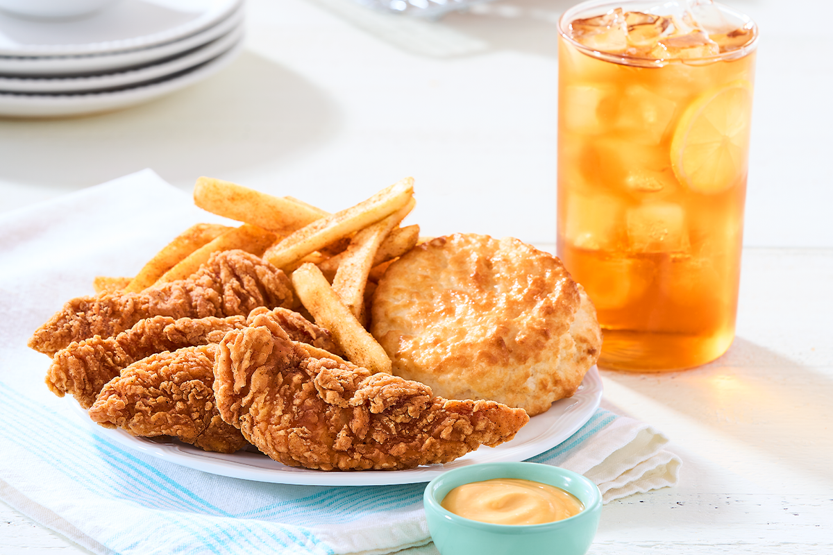 Chicken Supremes Combo from Bojangles with boneless chicken fingers, french fries and a biscuit.