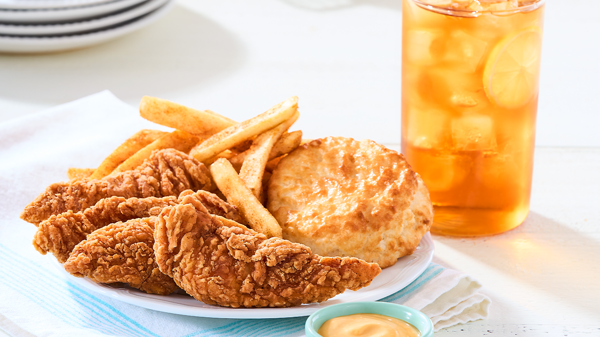 Chicken Supremes Combo from Bojangles with boneless chicken fingers, french fries and a biscuit.