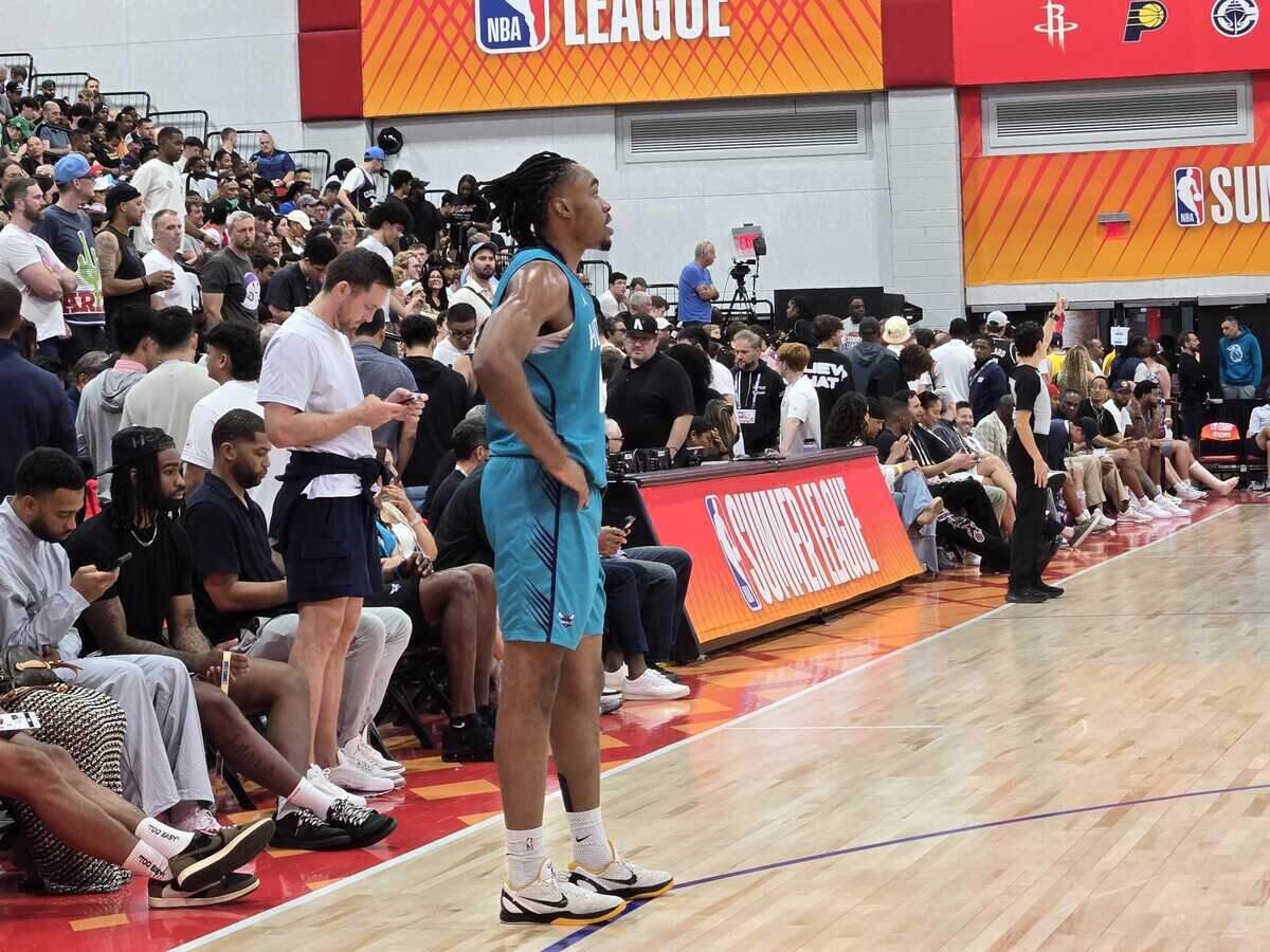 Michael Ajayi of the Charlotte Hornets waits for a pass in Charlotte’s 87-75 loss to the Boston Celtics in action at the NBA Las Vegas Summer League.